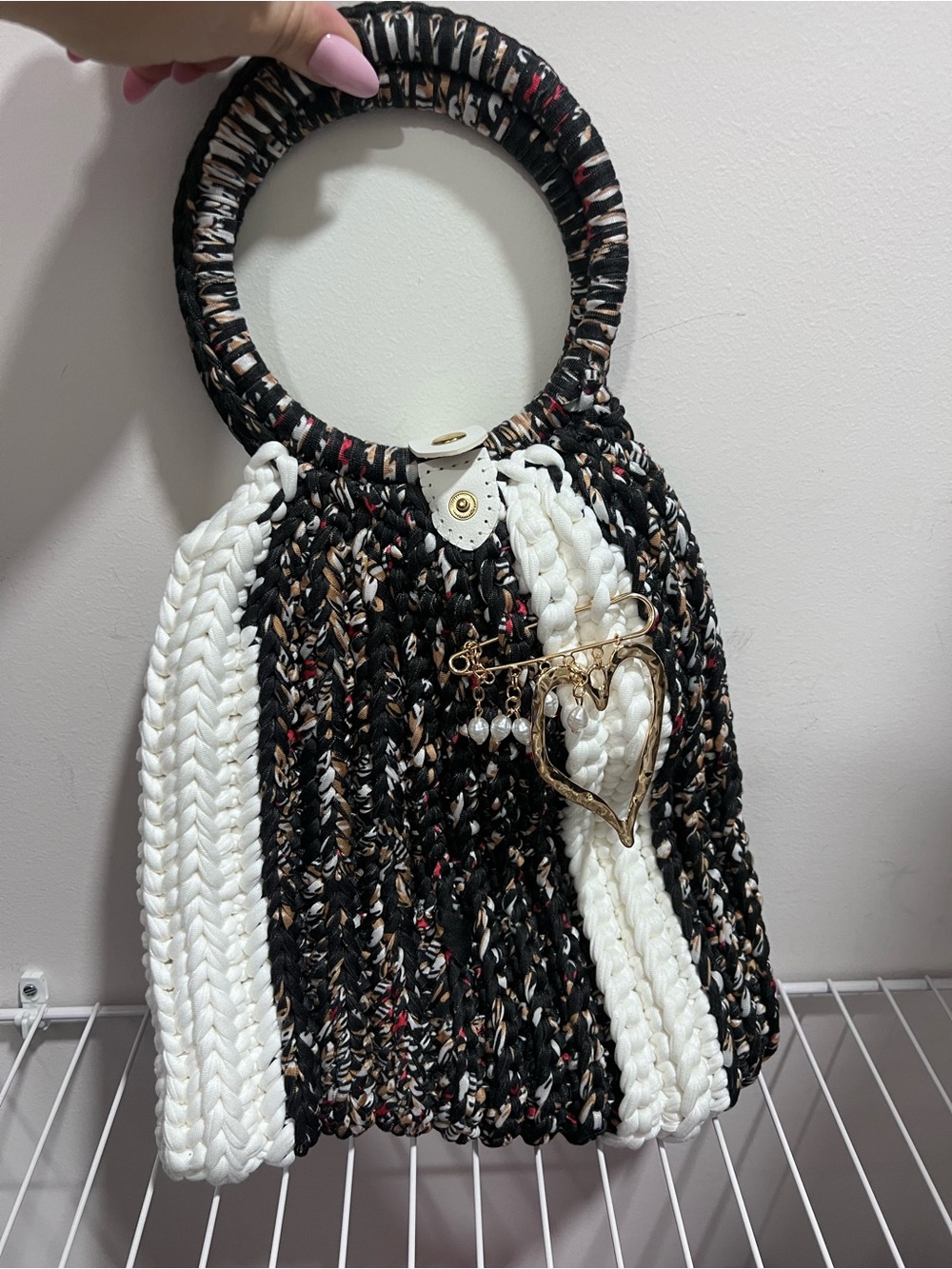 Handwoven Black & White Braided Round-Handle Tote